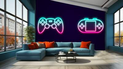 Set line Computer mouse, Game controller or joystick, Portable video game console and . Glowing neon icon. Vector Wall mural