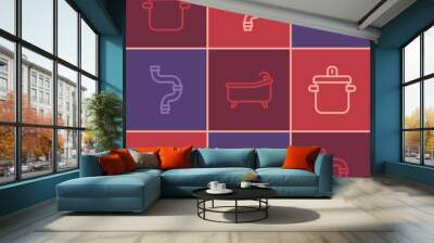 Set line Cooking pot, Bathtub and Industry metallic pipe icon. Vector Wall mural