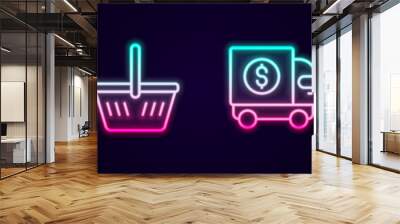 Set line Dollar symbol, Shopping basket, Armored truck and POS terminal. Glowing neon icon. Vector Wall mural