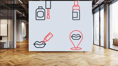 Set line Essential oil bottle, Lip augmentation, Smiling lips and Bottle of nail polish icon. Vector Wall mural