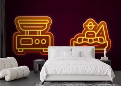 Set line Fishing bucket, Electronic scales, Fisherman boat and Location fishing. Glowing neon icon. Vector Wall mural