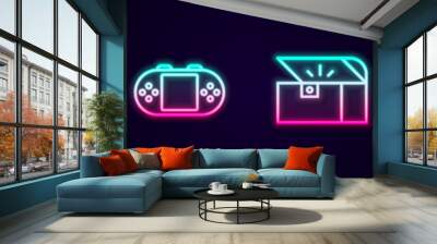 Set line Game controller or joystick, Portable video game console, Chest for and rating with medal. Glowing neon icon. Vector Wall mural