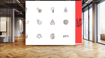 Set line Hacksaw, Tree rings, stump, Lumberjack, Grapple crane grabbed log, Electric circular and Two-handed icon. Vector Wall mural