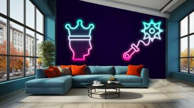 Set line Medieval helmet, King crown, Mace with spikes and Crusade. Glowing neon icon. Vector Wall mural