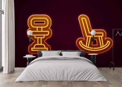 Set line Office chair, Armchair and Baby crib cradle bed. Glowing neon icon. Vector Wall mural