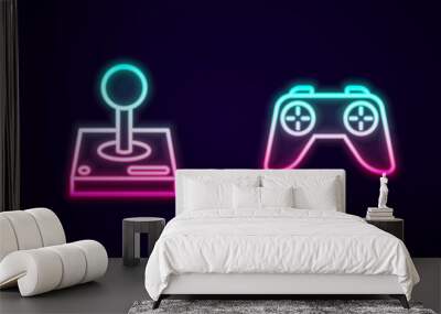 Set line Old hourglass, Joystick for arcade machine, Game controller joystick and Computer mouse. Glowing neon icon. Vector Wall mural