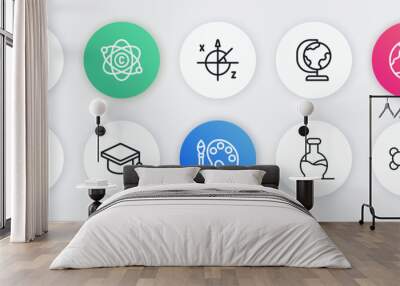 Set line Paint brush with palette, Earth globe, Stopwatch, Test tube, Trigonometric circle, Molecule and Graduation cap icon. Vector Wall mural