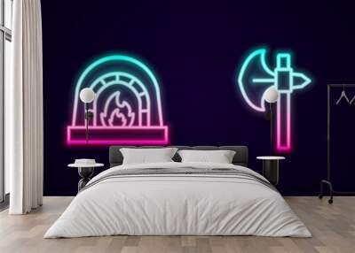 Set line Sledgehammer, Blacksmith oven, Medieval axe and . Glowing neon icon. Vector Wall mural