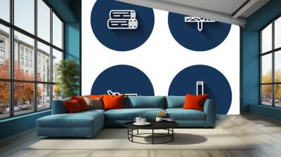 Set line Wooden log, Metallic nail, Hand saw and Chisel tool with long shadow. Blue circle button. Vector Wall mural