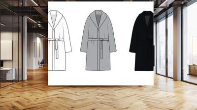 Set of bathrobe white, gray and black colors vector. Sketch of clothes for home and leisure. Robe base model outline vector drawing. Black bathrobe, vector. Wall mural