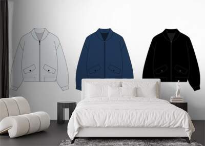 Set of drawings of fashionable bomber jackets, isolate on white background. Technical sketch of jacket with zipper and pockets in white, blue, black. Basic jacket template for spring-summer closet. Wall mural