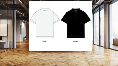 Set of short sleeve polo shirt patterns, front and back view. Template of a classic polo shirt with collar and button closure. Sketch of polo shirt in white and black colors. Wall mural