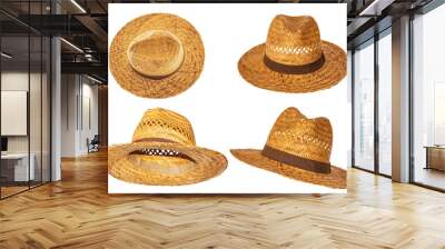 Set of yellow straw hats on white background side view. Wall mural