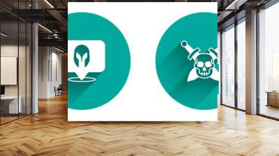 Set Shield with swords, Medieval helmet, Skull and Mace spikes icon with long shadow. Vector Wall mural