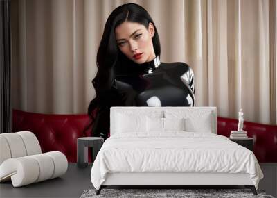 sexy woman with choker around the neck in black latex suit fetish on body for adult bdsm games. Generative AI Wall mural