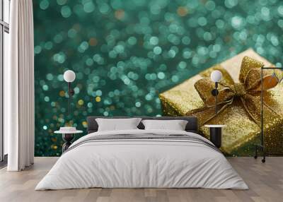 Shimmering gold gift box with bow on blurred glitter sparkles and bokeh emerald background with copy space. Wall mural