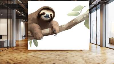 Sloth in watercolor style drawing. Tropical animal resting on a branch isolated on white background. Generative AI Wall mural