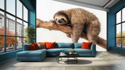 Sloth lies and rests on a big branch isolated on white background. Generative AI Wall mural