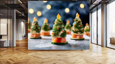 Smoked Salmon, cucumber and cream cheese canapes in the shape of Christmas trees. Horizontal, side view. Festive Christmas Tree Appetizer.  Wall mural