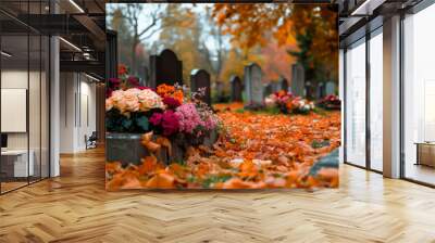 Somber autumn scene in a cemetery with vibrant flowers and fallen leaves, a woman mourns at a loved one's grave during All Saints' Day Wall mural