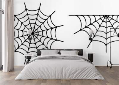 Spiderweb varieties set. Black mesh patterns with halloween party ornament. Sticky trap of intertwining dangerous vector lines Wall mural