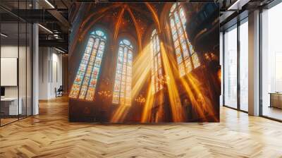 Stained glass church with sun rays Wall mural