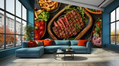 Steak, french fries, salad, salad dressing on table Wall mural