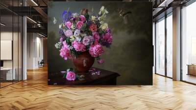 Still life with bouquet of flowers in a vase on wooden table Wall mural