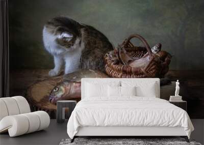 Still life with fish and curious cat Wall mural