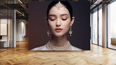 Stunning portrait of a young Asian woman wearing traditional clothing adorned with gold jewelry. Wall mural