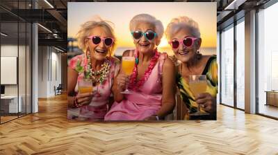 Stylish and cheerful old ladies friends enjoying a fun beach party, sharing drinks and toasting their eternal friendship. Wall mural