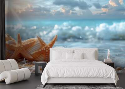 Summer vacation background, seashells and starfish on the beach Wall mural