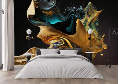 surreal abstract art of gloss black, white and gold paint flows and splashes, with color gradients and glare effects made with Generative AI  Wall mural