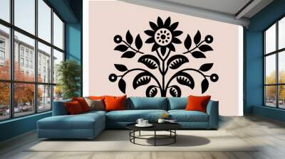 Symmetrical ornament with flowers and leaves, scandinavian folk art poster. Floral silhouette composition. Ethnic botanical vector illustration. Wall mural