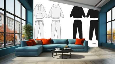 Technical drawing of a basic tracksuit, front and back view. Drawing of hoodie with pocket and joggers with rubber band. Hooded jacket pattern and elastic band sport pants.  Wall mural