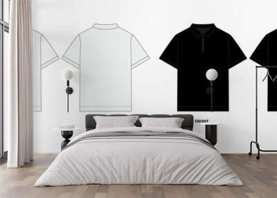 Technical sketch of zipper polo shirt front and back view. Polo shirt template in white and black colors. Drawing of polo shirt with collar and zipper, isolate on white background. Wall mural