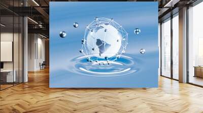 The earth in the form of an atom leaves waves on the water. The concept of technological progress and environmental conservation. Wall mural