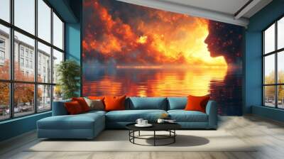 The fiery red sky is reflected in the water, flaming clouds create a dramatic landscape reminiscent of a burning apocalypse. Wall mural