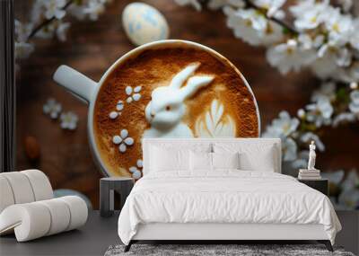 Top View of Latte Coffee with easter bunny Art Foam for easter Wall mural