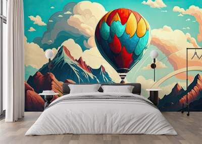 Traveling in a big bright hot air balloon in the mountains. Generative AI Wall mural