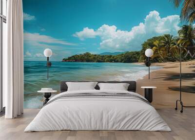 Tropical beach with palm trees. Summer vacation nature background. Ocean shore with beach. Wall mural