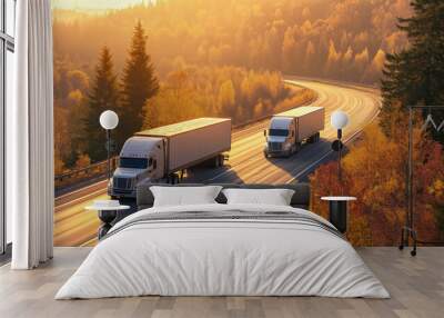 Two semi trucks are driving down a road with trees in the background. The sun is shining brightly, creating a warm and inviting atmosphere Wall mural