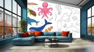 Undersea animals set for coloring book in cartoon and line art. Blue whale, clown fish, dolphin, killer whale, moray, octopus, sea horse, squid, stingray, turtle. Vector illustration. Wall mural