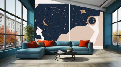 Vector astrology and mystical cards or banner template. Woman face with long hair and hand holding the cup of coffee, gold stars and moon symbols Wall mural