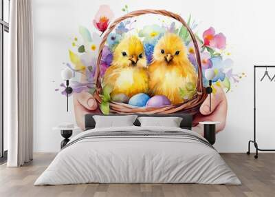 Watercolor hands holding a basket with colorful Easter eggs and little chick Wall mural