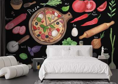 Watercolor illustration of the pizza and ingredients illustration set. Hand drawn fast Italian food isolated on the chalk blackboard Background. Sketch illustration for food design. Wall mural