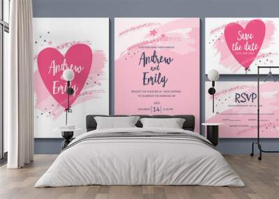 Wedding invitation card with abstract pastel pink background and cute balloon in heart shape. Save the Date and RSVP card templates Wall mural