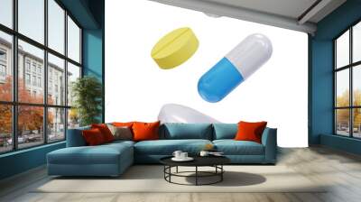 White, yellow and blue capsules isolated on transparent background. 3d render. PNG. Tablets, medicine concept. 3D rendering, ui, ux. Pills. Health Wall mural