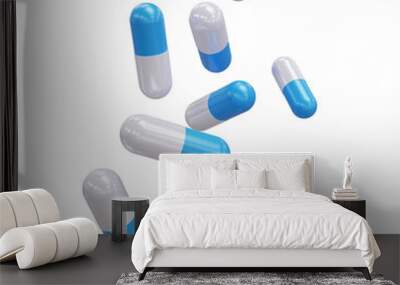 White and blue capsules isolated on transparent background. 3d render. PNG. Tablets, medicine concept. 3D rendering, ui, ux. Pills. Health Wall mural