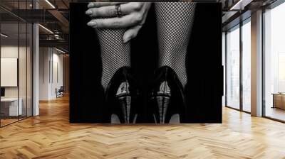 Woman legs in black stockings and high heels shoes Wall mural